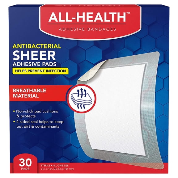 All Health Antibacterial Sheer Adhesive Pad Bandages, 3 in x 4 in, 30 ct | Helps Prevent Infection, Extra Large Comfortable Protection for First Aid and Wound Care