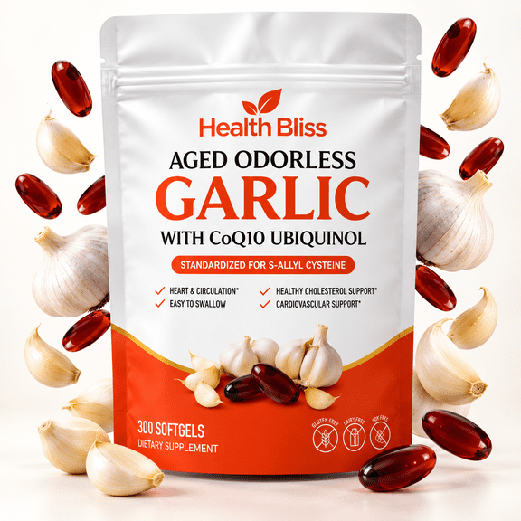 Health Bliss Premium Odorless Aged Garlic Extract Softgels 600mg Per Serving with CoQ10 Ubiquinol & Vitamin K2 MK-7 300 Count