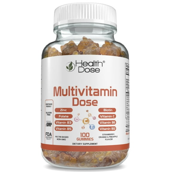Health Dose Multivitamin Dose Adults Strawberry, Orange and Pineapple Flavor 100 Gummies Gluten Free, Vegetarian Friendly