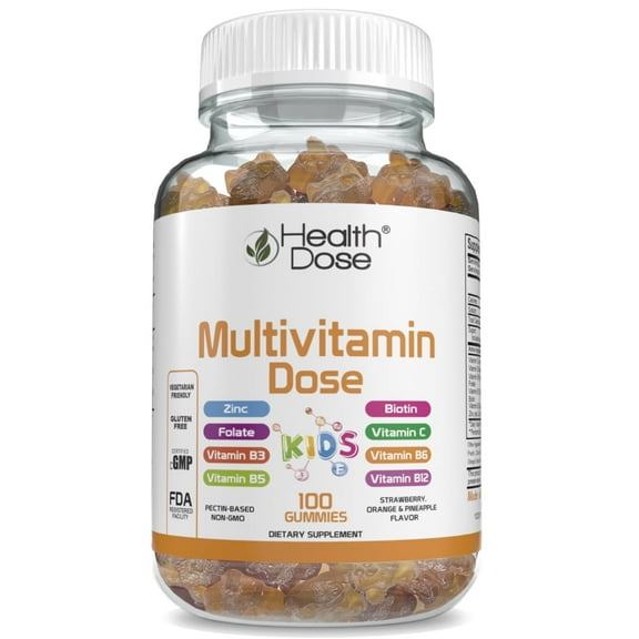 Health Dose Multivitamin Dose Children 100 Gummies, Vitamins A, B3, B5, B6, B12,   Gluten Free Vegetarian Friendly.