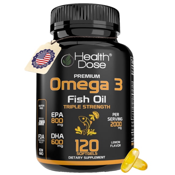 Health Dose Premium Omega 3 Fish Oil. Lemon flavor. 2000 mg. Triple Strength. EPA + DHA. Immune Support, Heart, Brain, Joints, Skin. No Fish Burps. Gluten-Free, Non-GMO. 120 Softgels. 2 Month Supply