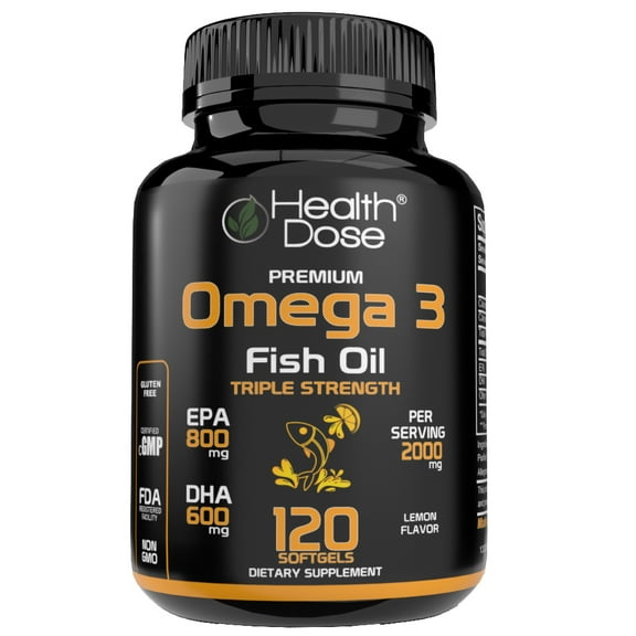 Health Dose Premium Omega 3 Fish Oil. Lemon flavor. 2000 mg. Triple Strength. EPA + DHA. Immune Support, Heart, Brain, Joints, Skin. No Fish Burps. Gluten-Free, Non-GMO. 120 Softgels. 2 Month Supply
