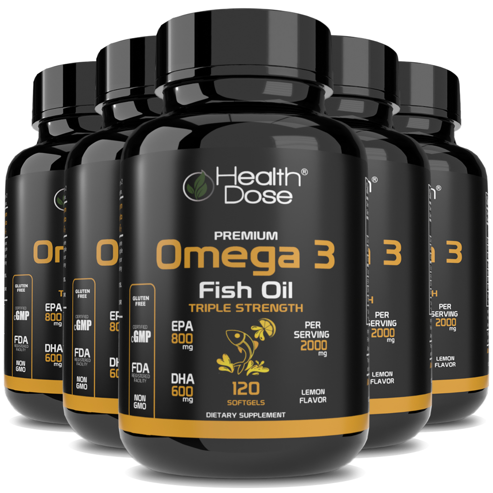 (5 pack) Health Dose Premium Omega 3 Fish Oil. Lemon flavor. 2000 mg