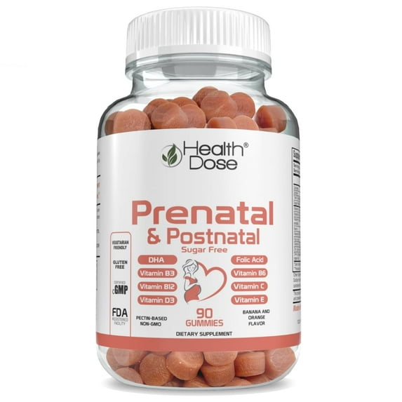 Health Dose Prenatal & Postnatal Vitamins DHA & Folic Acid, Gluten & Sugar-Free, Vitamin B6, B12, C + Zinc 90 Gummies.
