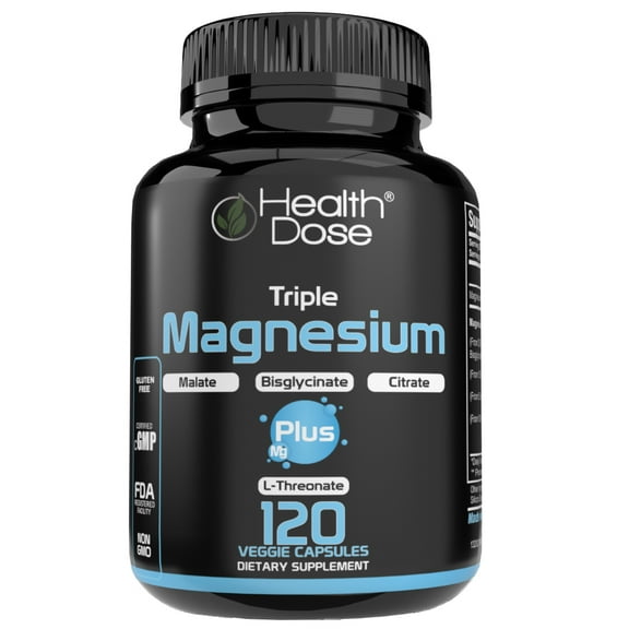 Health Dose Triple Magnesium Complex – 120 Veggie Capsules for Energy, Focus & Muscle