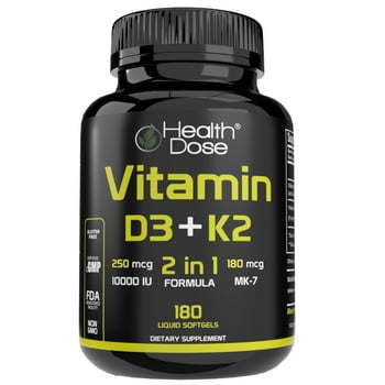 Health Dose Vitamin D3 + K2 10.000 IU With K2 MK-7 with D3 Vitamin Supplement, 2 in 1 Immune Support, Heart, Joint, Teeth & Bone Health 180 Softgels.