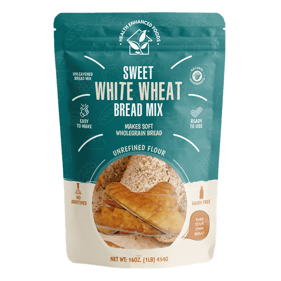 Health Enhanced Foods Sweet White Wheat Bread Mix - 2 Pack (16 oz / 454g) - Ready to Use, Wholegrain, Natural, Unprocessed White Wheat Flour with Flax Seeds - No Additives, Just Add Yeast & Water