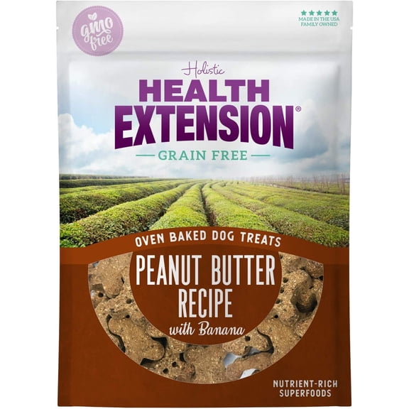 Health Extension Oven-baked Dry Dog Treat Peanut Butter with Banana (6 Oz) | Nutrient-Rich Superfoods | GMO Free | Perfect for Training | All Life Stages