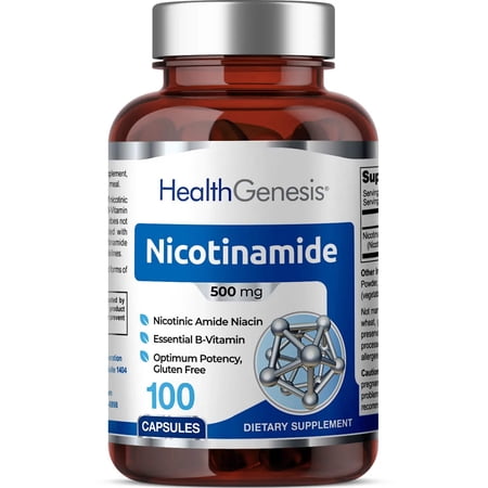 Health Genesis B-3 Nicotinamide 500 mg 100 Caps - Flush-Free Niacin Formula for Skin & NAD+ Support