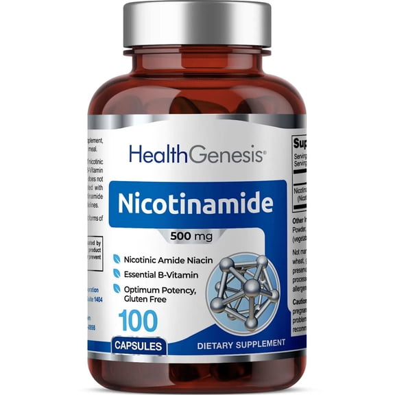 Health Genesis B-3 Nicotinamide 500 mg 100 Caps - Flush-Free Niacin Formula for Skin & NAD+ Support