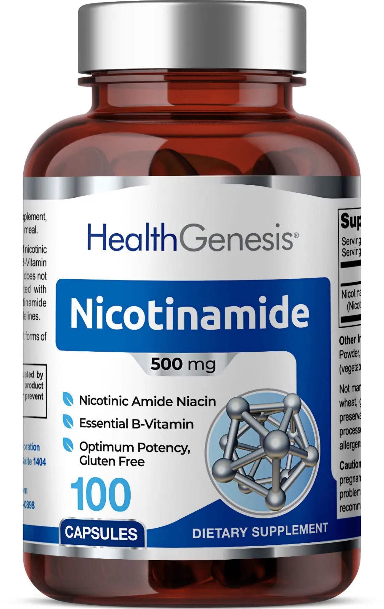 Health Genesis B-3 Nicotinamide 500 mg 100 Caps - Flush-Free Niacin Formula for Skin & NAD+ Support