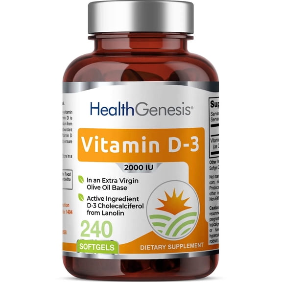 Health Genesis Vitamin D3 2000 IU 240 Softgels | Bone Immune Support Olive Oil Non-GMO