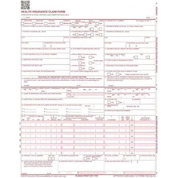 Health Insurance Claim Forms, New CMS-1500, HCFA (04/14 Medicare Approved 02/12 Version), 1-Part, 8.5" x 11" 24-lb Paper - 1 CASE OF 2500 SHEETS/FORMS$$Office