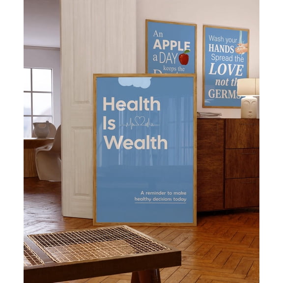 Health Is Wealth Motivational Wall Art Blue Wellness Quote Decor Unframed Paper Print