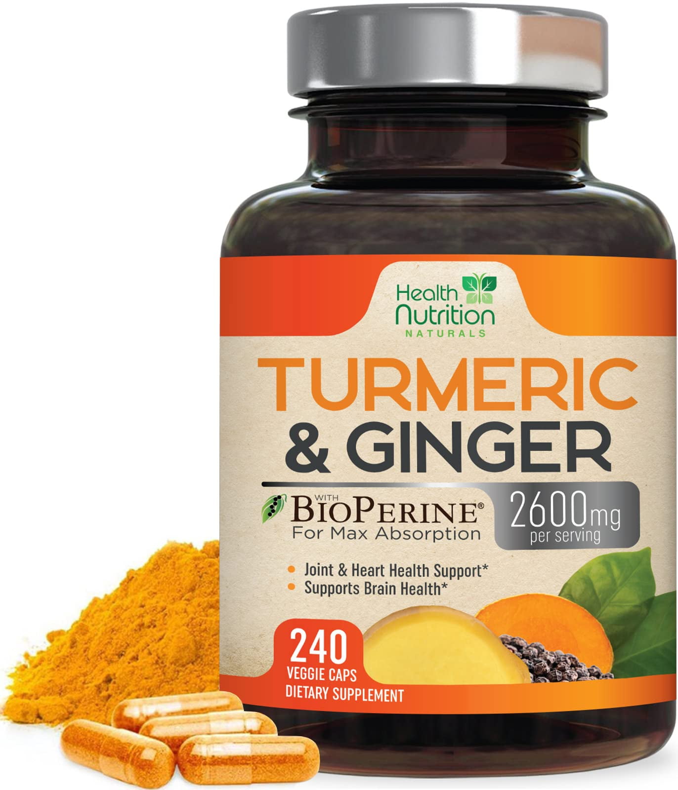 Turmeric Curcumin Supplement 2600mg, with Organic Ginger & Turmeric, 95% Curcuminoids, BioPerine Black Pepper for Best Absorption, Nature's Vegan Joint Support, Non-GMO, Bottled in USA - 240 Capsules