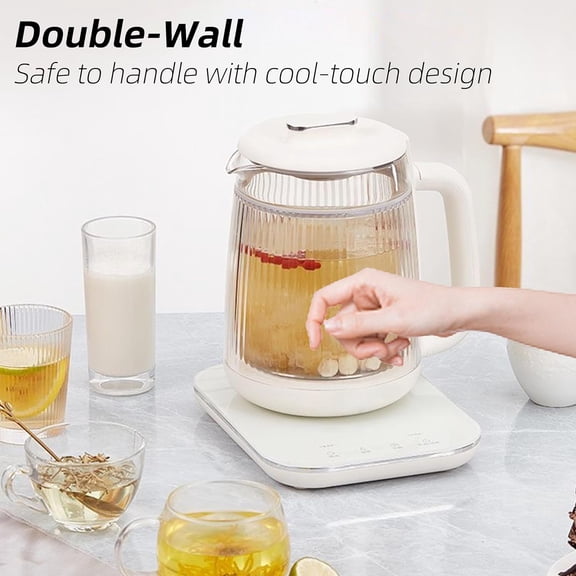 Health Pot 1.5L Double-Layer Glass Electric Kettle with Stew Pot, 9-in-1 Multi-Function Tea Maker for Soup Porridge Herbal Tea Stainless Steel Base Glass Touch Panel Programmable