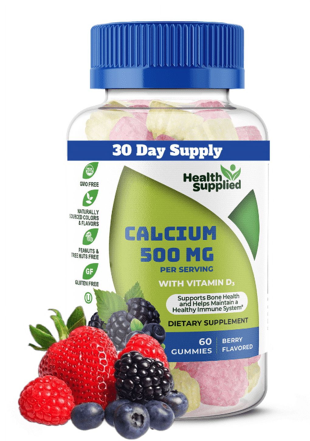 Health Supplied Calcium 500mg with Vitamin D3 1000 IU Gummies | Bone Strength, Growth, Teeth |Natural Berry Flavor Vitamin Gummy