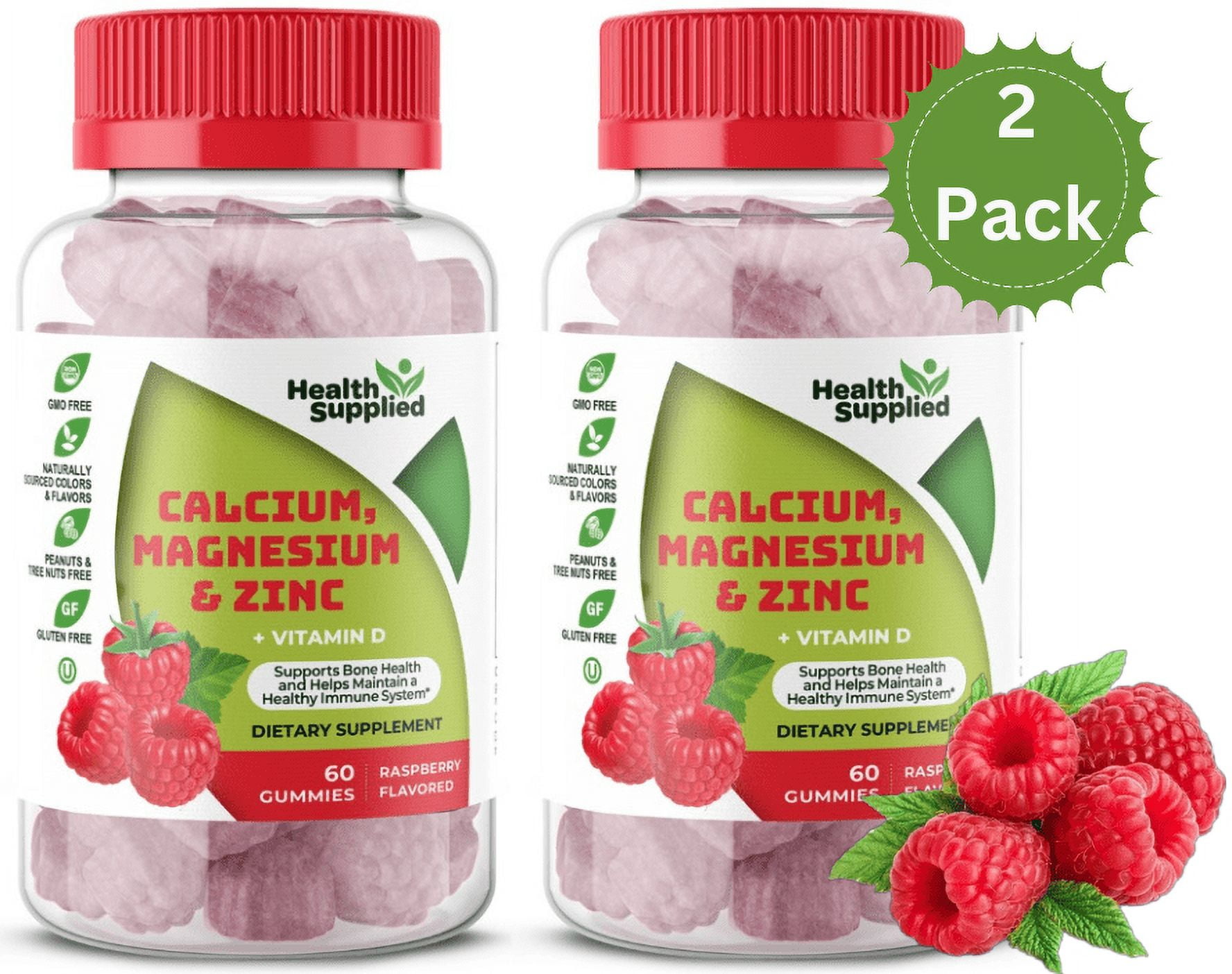 Health Supplied Calcium Magnesium & Zinc + Vitamin D Gummies 2 Pack | Bone Health Energy and Muscle Function | Fruity Raspberry Flavor