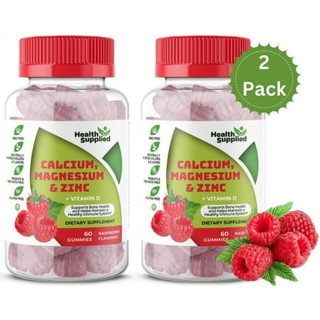 Health Supplied Calcium Magnesium & Zinc + Vitamin D Gummies 2 Pack | Bone Health Energy and Muscle Function | Fruity Raspberry Flavor