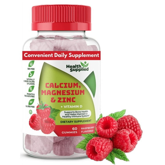 Health Supplied Calcium Magnesium & Zinc + Vitamin D Gummies | Bone Immune Energy and Muscle Health | Fruity Raspberry Flavor