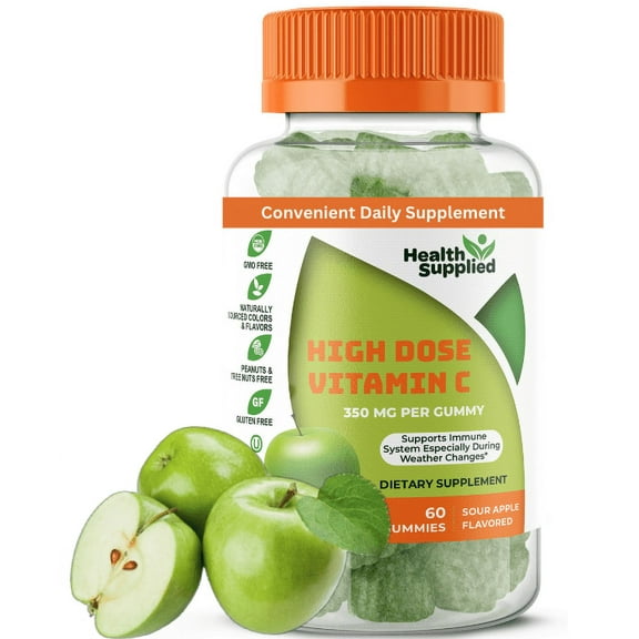 Health Supplied Vitamin C Immune Support Gummies 1050mg | Natural Sour Apple Flavor | Vegan Plant Based Pectin
