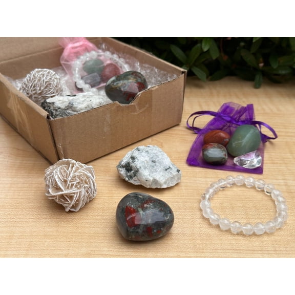 Health and Wellness Crystal Box- Heart, Bracelet, Desert Rose,Tumbled/Raw Stones