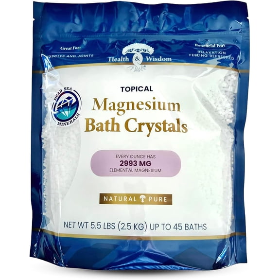 Health and Wisdom Magnesium Bath Crystals - Bath Salts with High Concentration and Enhanced Absorption for Muscle and Joint Relief - Dead Sea Sourced - Unscented - 5.5 lb Bag - Up to 45 Uses