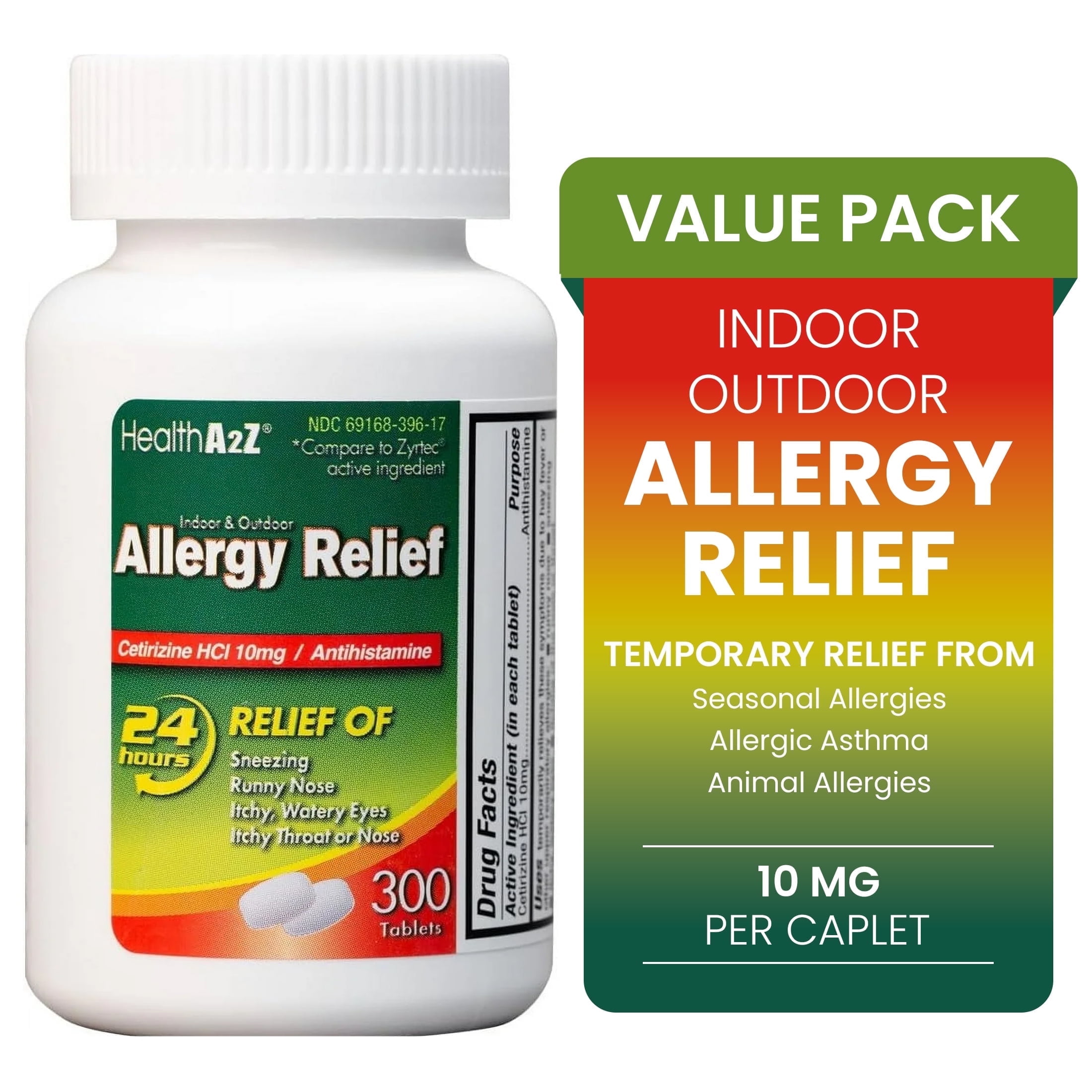 HealthA2Z Allergy Relief | 300 Tablets | Cetirizine 10mg | All Day Allergy | Indoor & Outdoor | Relief from Itchy Throat, Sneezing, Runny Noses