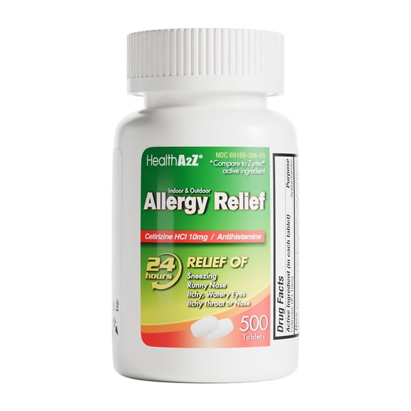HealthA2Z® Allergy Relief | 500 Tablets | Cetirizine 10mg | All Day Allergy | Indoor & Outdoor | Relief from Itchy Throat, Sneezing, Runny Noses