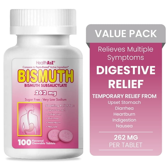 HealthA2Z Bismuth | Bismuth Subsalicylate 262mg | Multi-Symptom Relief | 100 Chewable Tablets