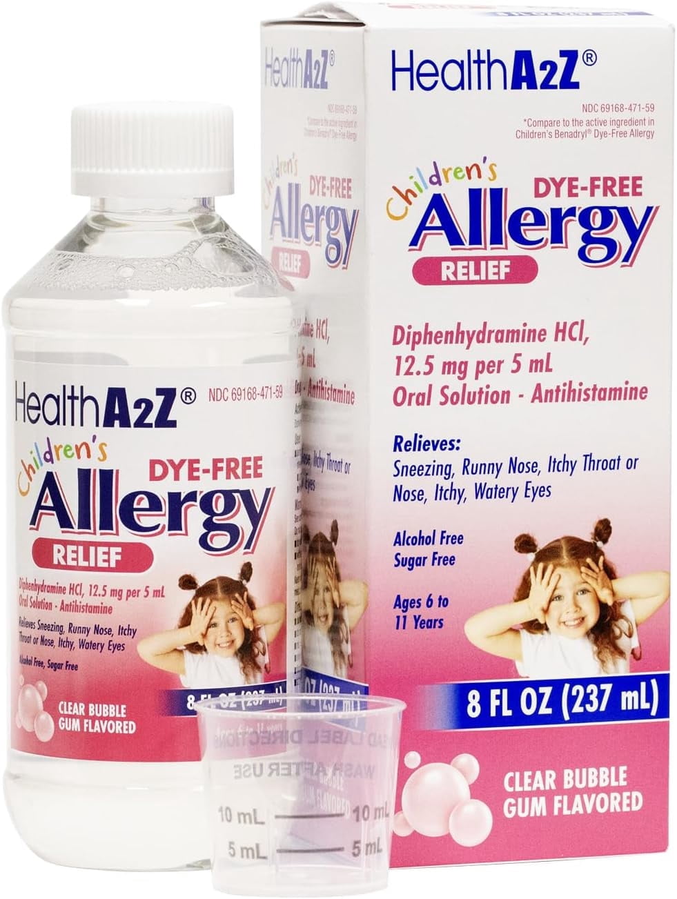 HealthA2Z Children's Allergy Relief | DYE Free | Diphenhyrdramine 12.5 mg | 5ml Oral Solution | 8Fl Oz (237 mL) | Antihistamine | Clear Bubble Gum Flavored | Alcohol and Sugar Free