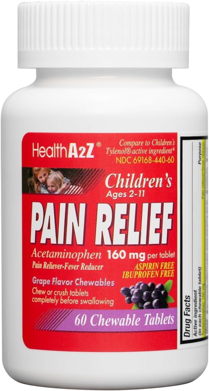 HealthA2Z Children's Chewable Pain Relief | Acetaminophen 160mg | 60 Count | Grape Flavor