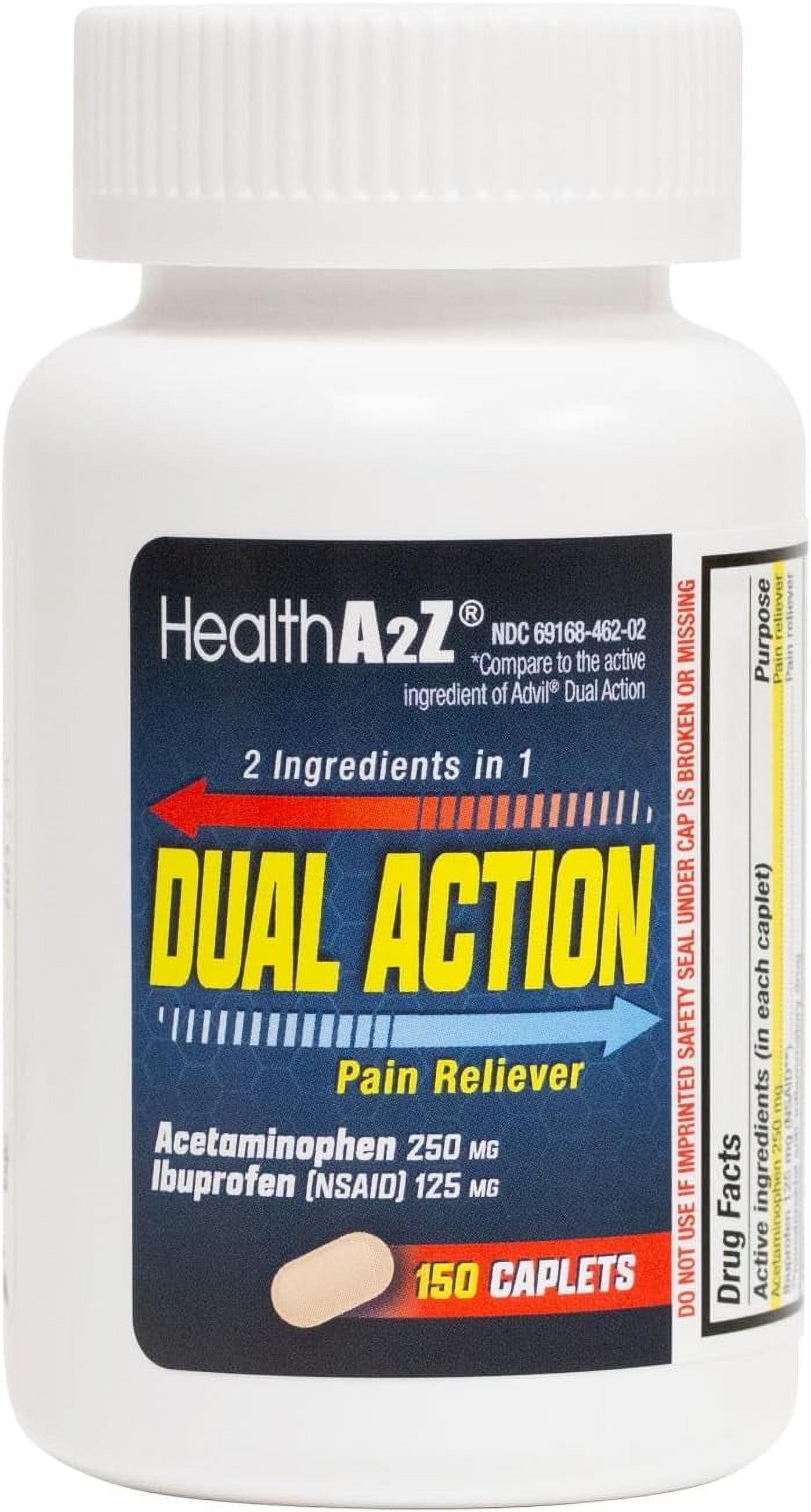 HealthA2Z Dual Action Pain Relief | 150 Caplets | Acetaminophen 250mg & Ibuprofen (NSAID) 125mg | Contains Two Medicines | Relief from Headache, Fever & Backache