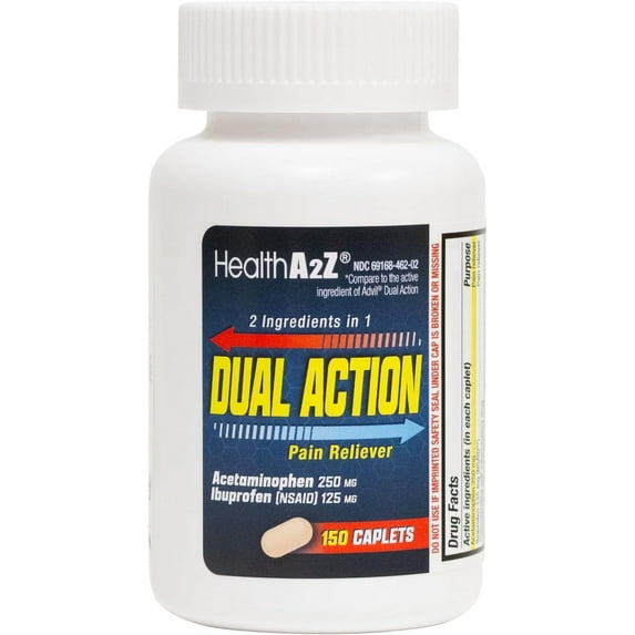 HealthA2Z® Dual Action Pain Relief | 150 Caplets | Acetaminophen 250mg & Ibuprofen (NSAID) 125mg | Contains Two Medicines | Relief from Headache, Fever & Backache