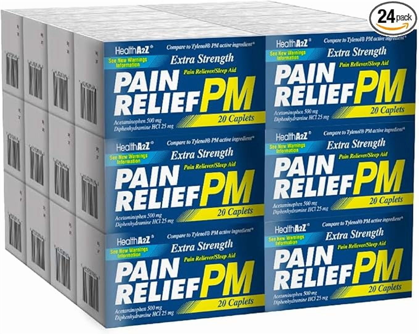 HealthA2Z | Extra Strength Pain Relief PM | 24 Packs of 20 Caplets (480 Caplets Total) | Value Package | Acetaminophen & Diphnenhydramine