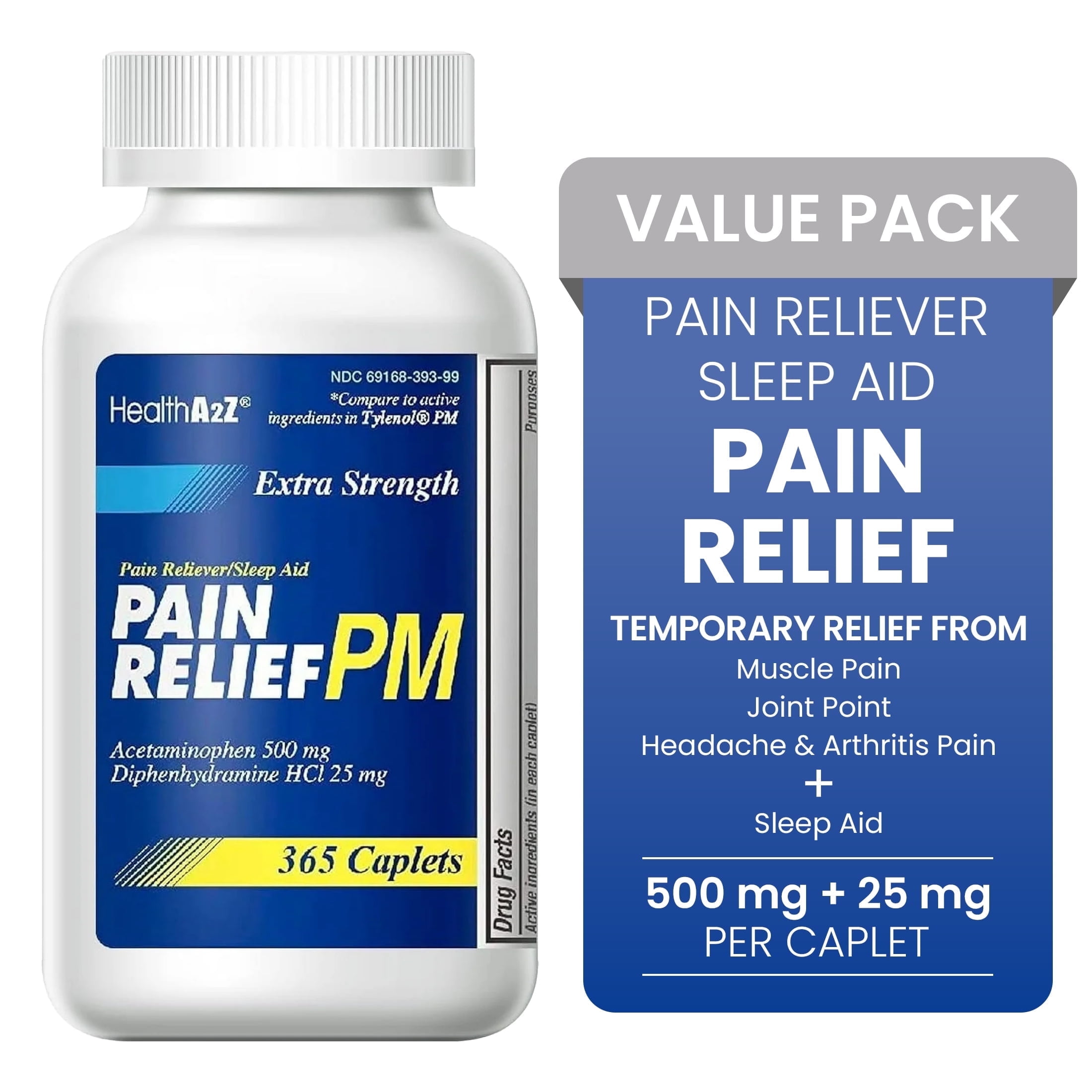 HealthA2Z Extra Strength Pain Relief PM, 365 Caplets, Pain Reliever + Sleep Aid