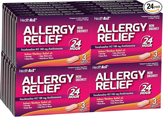 HealthA2Z® Fexofenadine Hydrochloride 180mg | Antihistamine for Allergy Relief | 24-Hour Allergy Medicine | 3 Tablets Each in (Pack of 24) | 72 Caplets Total | Value Pack
