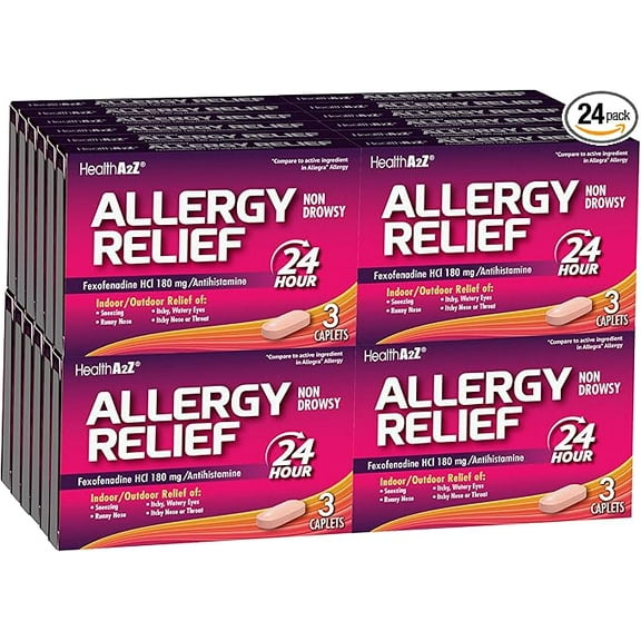 HealthA2Z® Fexofenadine Hydrochloride 180mg | Antihistamine for Allergy Relief | 24-Hour Allergy Medicine | 3 Tablets Each in (Pack of 24) | 72 Caplets Total | Value Pack