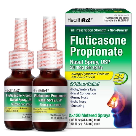 HealthA2Z® Fluticasone Propionate Nasal Spray | 240 Sprays | 50 mcg per Spray | 24 Hour Allergy Relief | 120 Sprays x 2 Pack | Relief from Nasal Congestion | Runny Nose | Sneezing