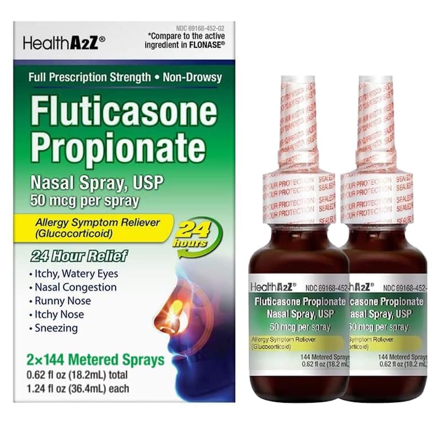 HealthA2Z Fluticasone Propionate Nasal Spray | 288 Sprays | 50 mcg per Spray | 24 Hour Allergy Relief | 144 Sprays x 2 Pack | Relief from Nasal Congestion | Runny Nose | Sneezing
