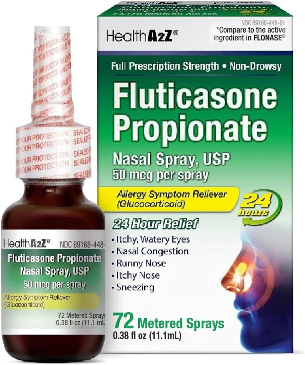HealthA2Z Fluticasone Propionate Nasal Spray | 72 Sprays | 50 mcg per Spray | 24 Hour Allergy Relief | 0.38 fl oz (11.1 mL) | Relief from Nasal Congestion | Runny Nose | Sneezing