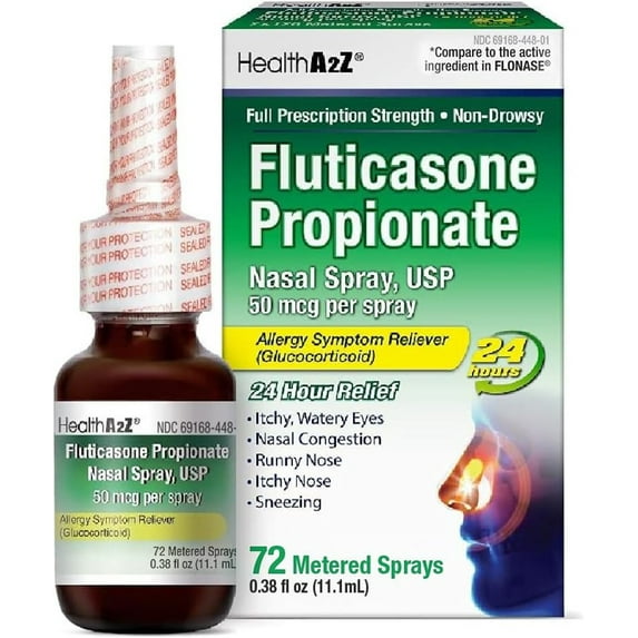 HealthA2Z® Allergy Relief, Fluticasone Propionate 50mcg, Nasal Spray, 24-Hour Allergy Relief, Dye Free, 72 Sprays