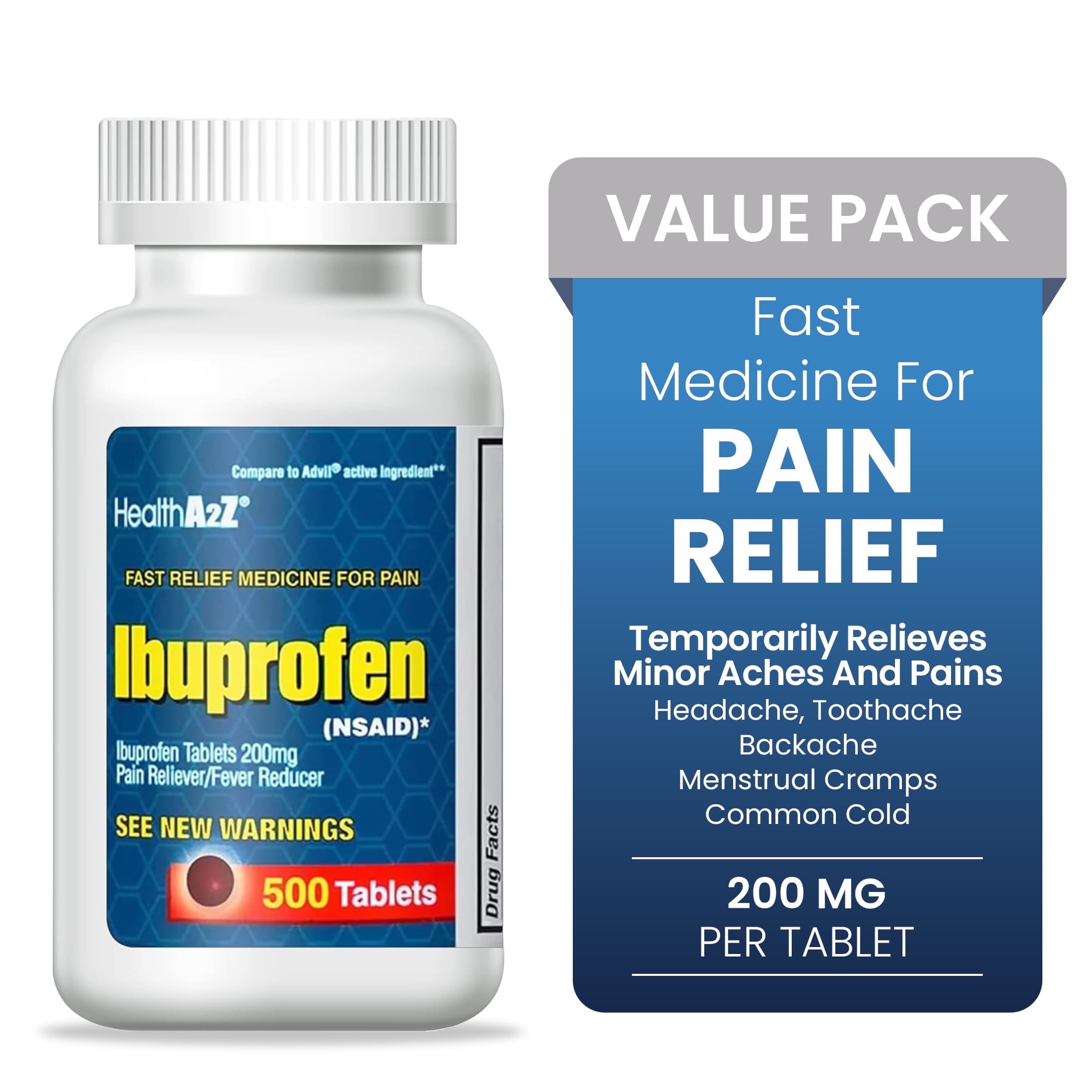 HealthA2Z Ibuprofen 200mg | 500 Counts | Pain Relief | Body Aches | Headache | Arthritis | Cramps | Back Pain | Fever Reducer (500 Count)
