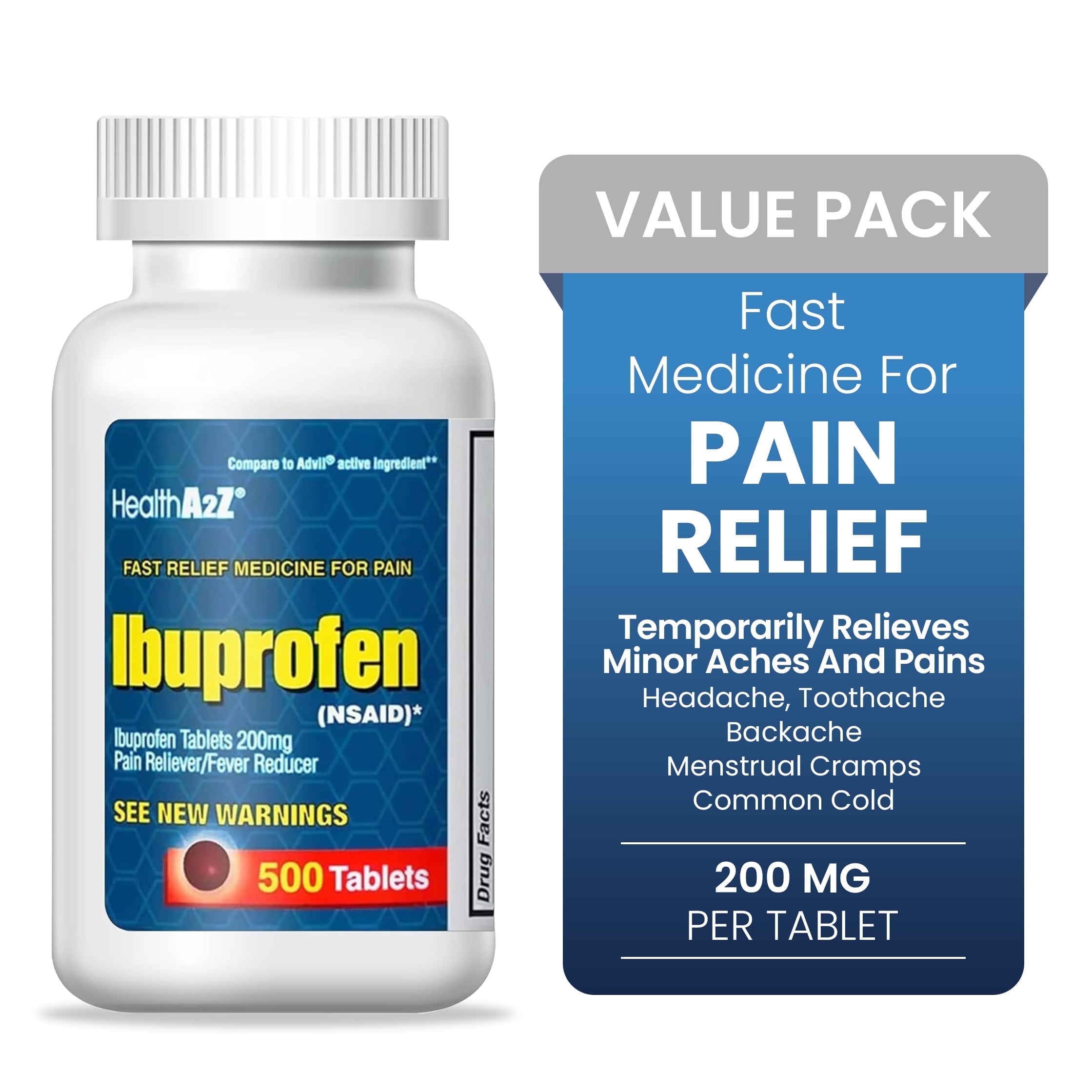 HealthA2Z Ibuprofen 200mg | 500 Counts | Pain Relief | Body Aches | Headache | Arthritis | Cramps | Back Pain | Fever Reducer (500 Count)