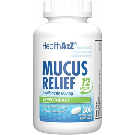 HealthA2Z® Mucus Relief | Guaifenesin 600 mg | 12 Hour | 300 Counts | No Benzene | Expectorant | Relieves Chest Congestion | Thins and Loosens Mucus | Extended Release