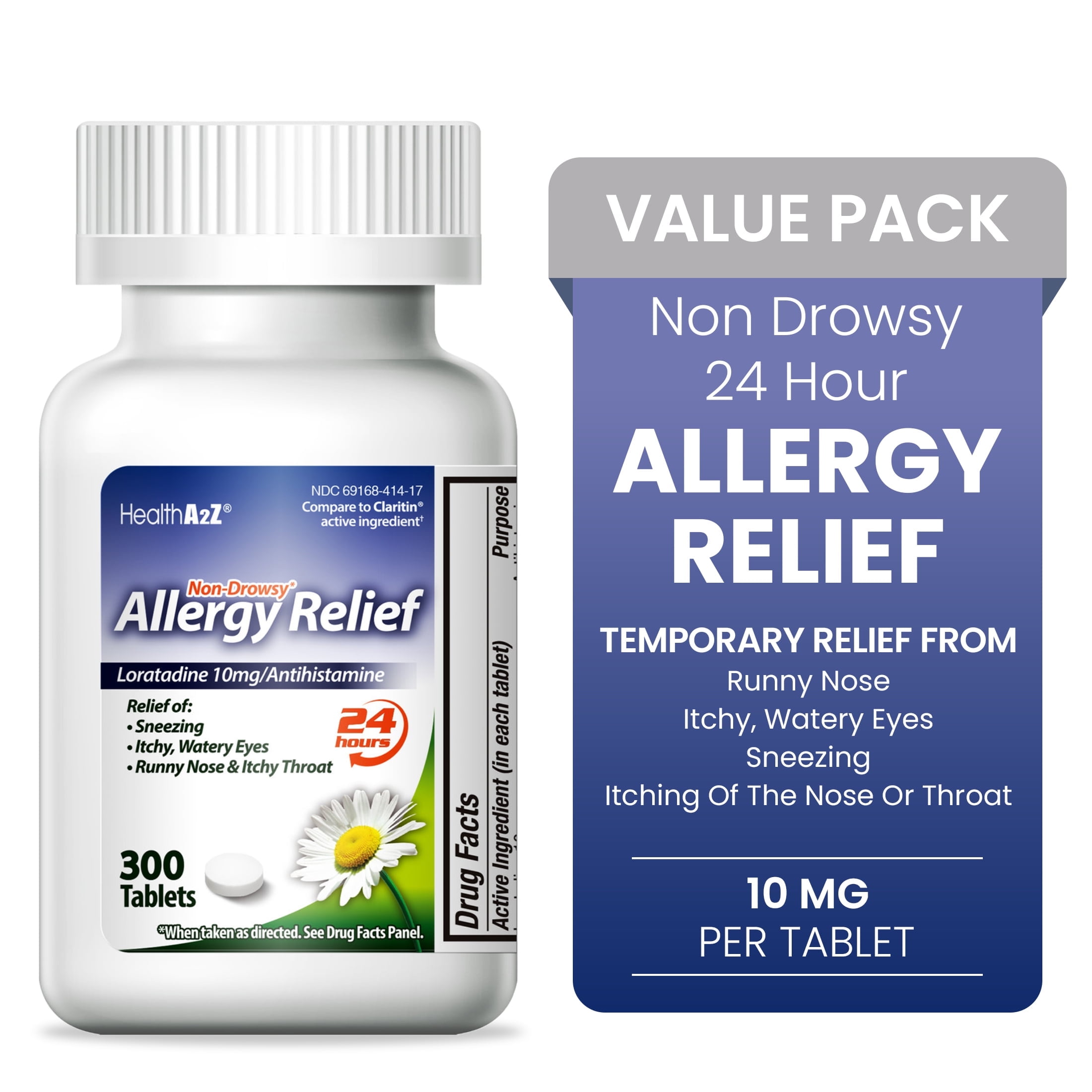 HealthA2Z Non-Drowsy Allergy Relief | 10mg Loratadine Antihistamine | 300 Tablets