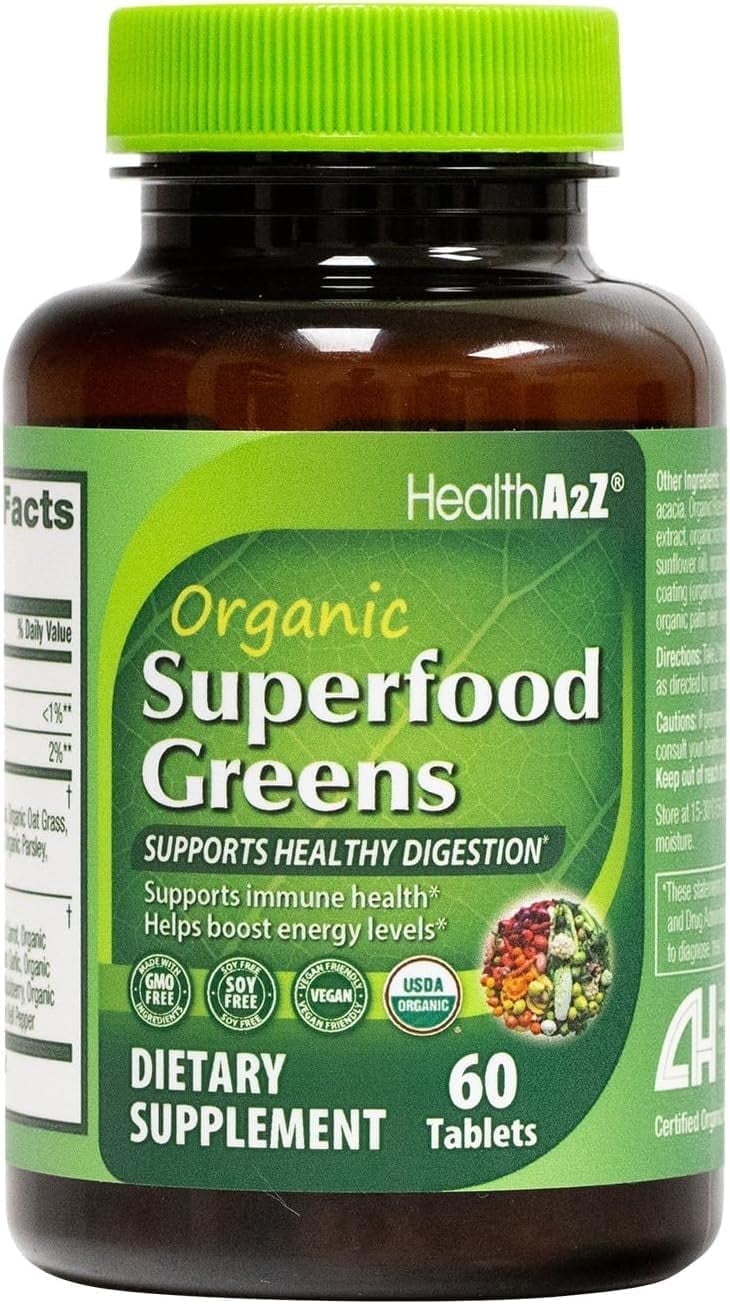 HealthA2Z Organic Superfood Greens | 60 Tablets | Greens Blend 720mg | Fruits & Veggies Blend 580mg | Alfalfa, Broccoli, Spinach, Spirulina, Apple, Beet Root, Strawberry & Much More!