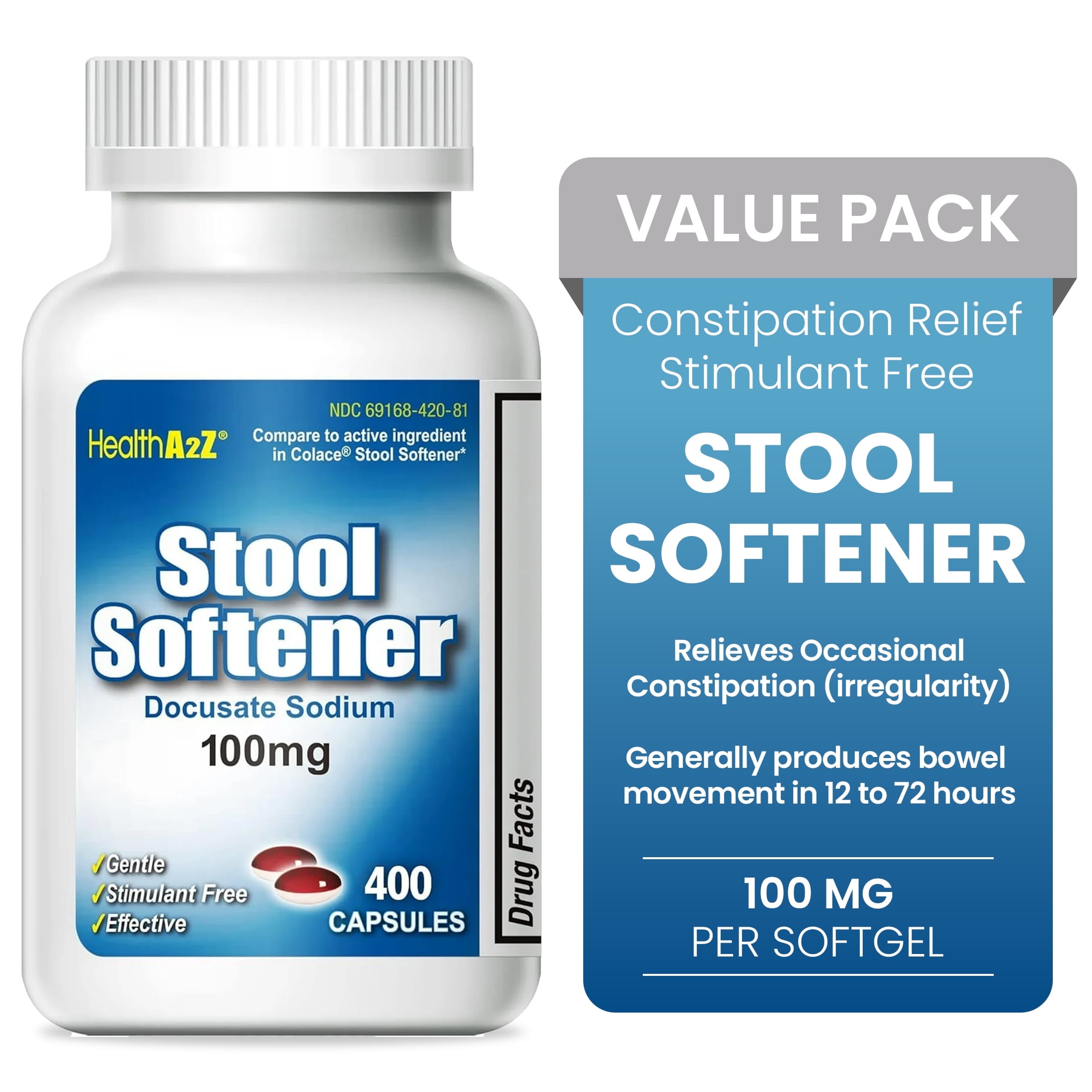 HealthA2Z Stool Softener | Docusate Sodium 100mg | 400 Capsules | Gentle Constipation Relief