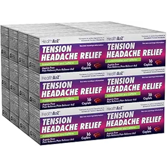 HealthA2Z Tension Headache Relief | Acetaminophen 500mg & Cafffeine 50mg | Aspirin Free | 24 Packs of 16 Caplets (384 Caplets Total) | Value Package | Pain Relief