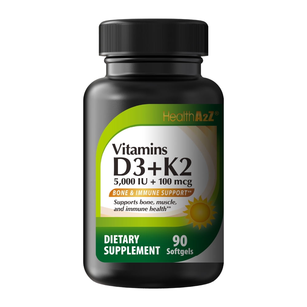 HealthA2Z Vitamin D3 + K2 | 5000 IU + 100 mcg | 90 Softgels | Bone & Immune Support | Supports Bone, Muscle & Immune Health